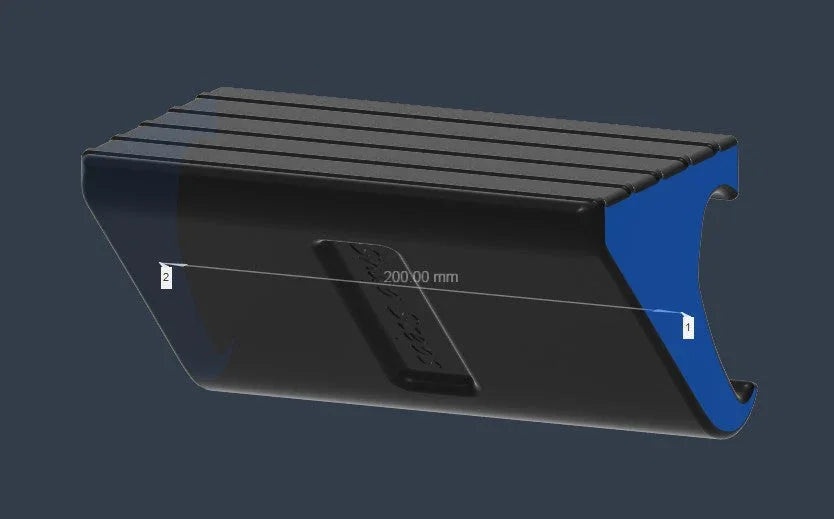 3D rendering of a black snap-on sidestep accessory with blue ends for vehicles, 200mm wide