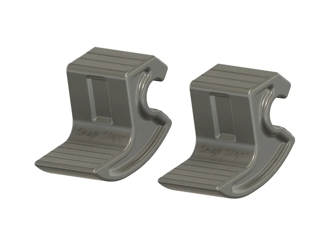 Pair of gray 3D-printed snap-on sidesteps with textured surface, isolated on white