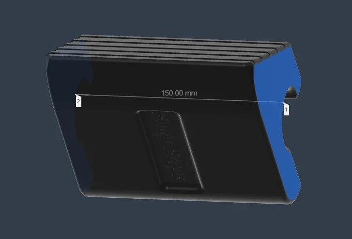 Black 3D-printed snap-on sidestep accessory with ribbed top, 150mm length indicated.