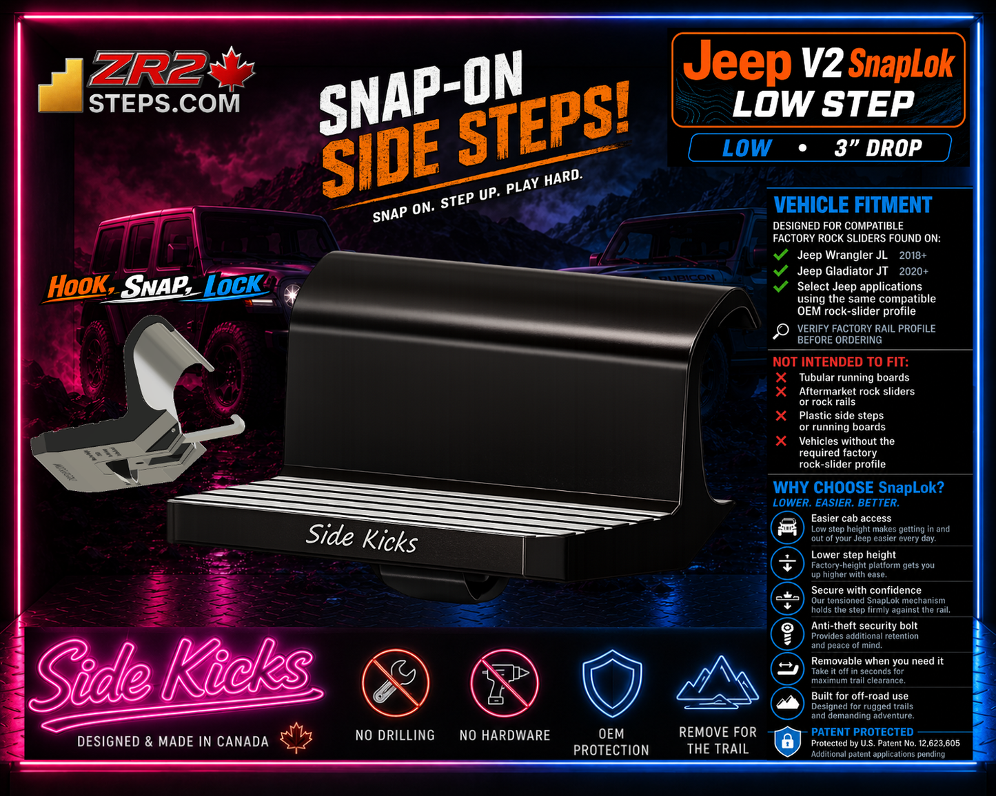 Jeep Snap-On Side Steps - V2 Low - SnapLok Series